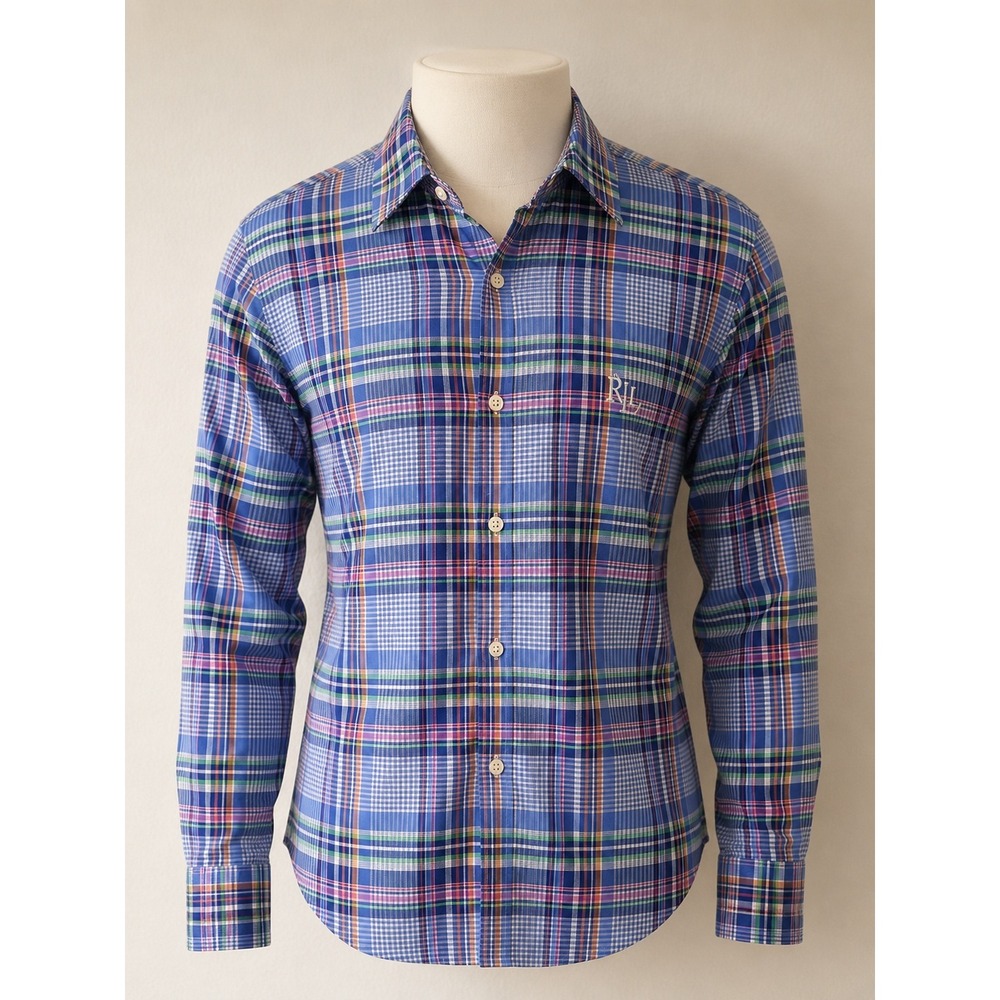 Ralph Lauren Mens Blue Plaid Button Down Shirt Lightweight Cotton Preppy / M